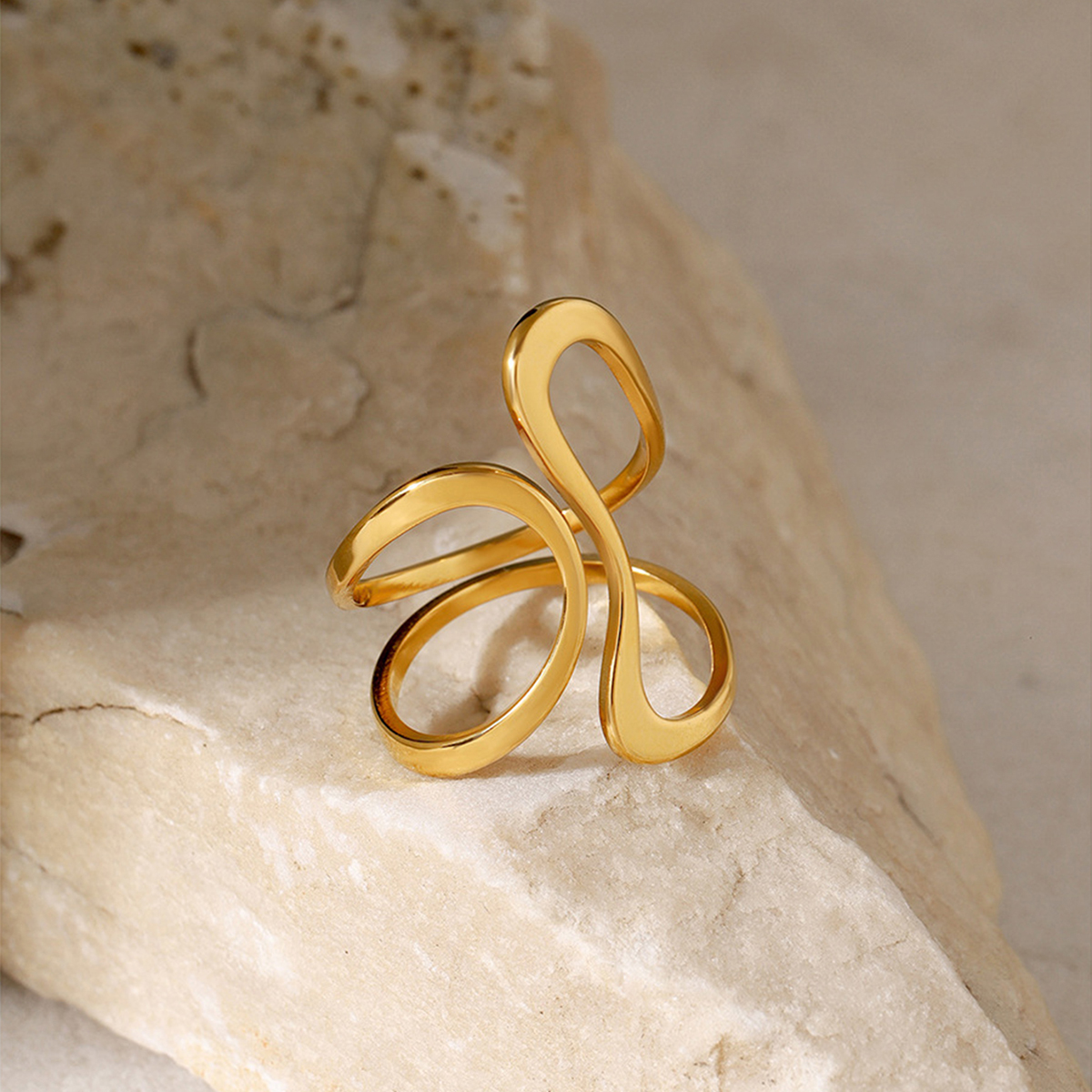 SE4043 1个女士戒指 沙滩度假叠戴风 简约不锈钢光滑不规则S弯曲波浪开口戒指 日常指环配饰