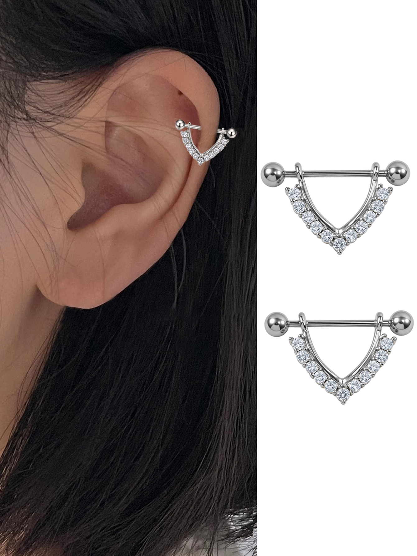 SE4017 1对女士耳环 时尚不锈钢镶嵌锆石V形皇冠穿刺拧螺丝耳骨钉 朋克穿刺日常配饰