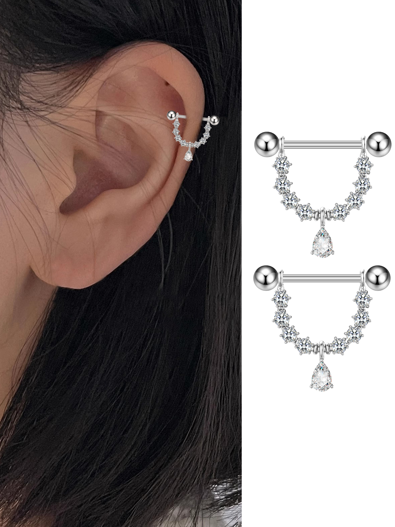 SE4016 1对女士耳环 时尚不锈钢镶嵌锆石水滴穿刺拧螺丝耳骨钉 朋克穿刺日常配饰