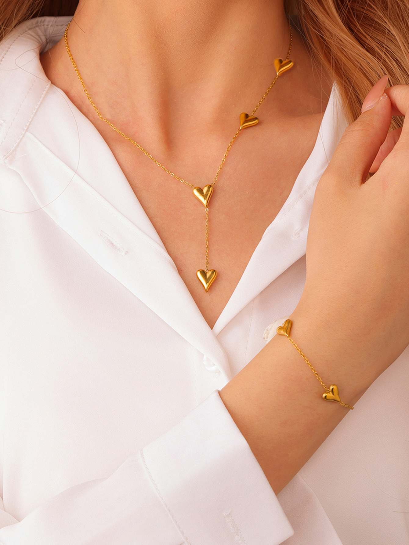 SE4009 2条/套女士手链项链套装 叠戴沙滩风 春夏防水防过敏不锈钢爱心手链长Y字项链套装 母亲节情人节饰品礼品（无礼盒）