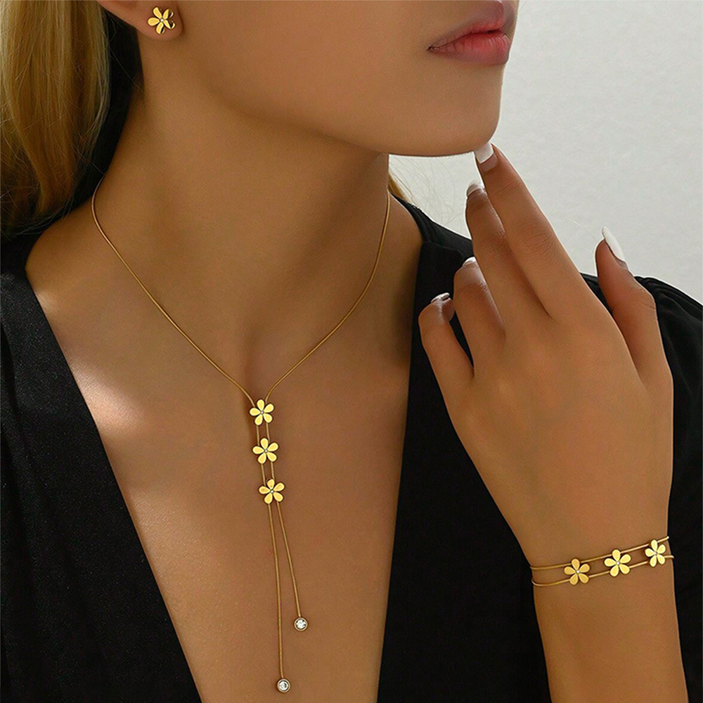 SE4001 4个/套女士项链套装 叠戴沙滩风 春夏防水防不锈钢菊花花朵耳钉手链项链套装 时尚母亲情人节饰品礼品（无礼盒）