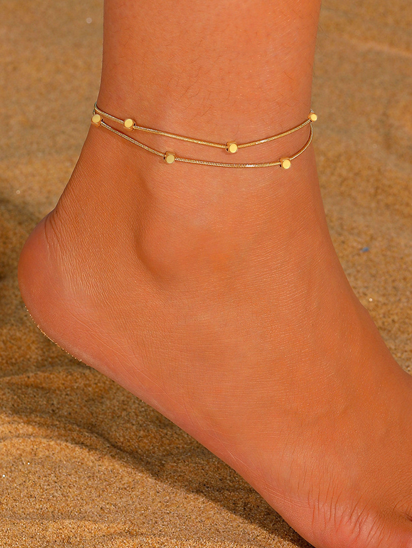 SE3998 1条双层女士脚链 叠戴沙滩风 春夏防水不锈钢小方块多层脚链 时尚饰品礼品（无礼盒）