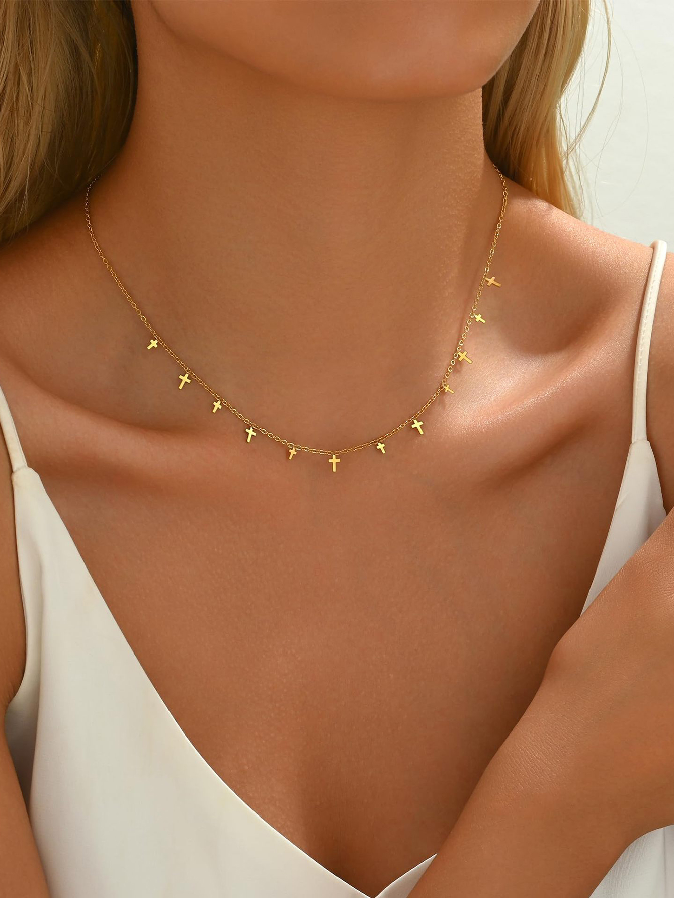 SE3991 1条女士项链 叠戴沙滩风 防水防过敏不锈钢迷你十字架流苏小吊坠项链 时尚闪亮饰品礼品